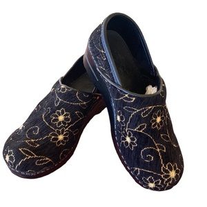 Dansko Black with Gold Fabric Clogs